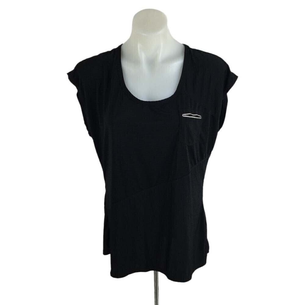 Athleta Women Black Stripe Scoop Neck Short Sleeve Athletic Knit Shirt Top Large